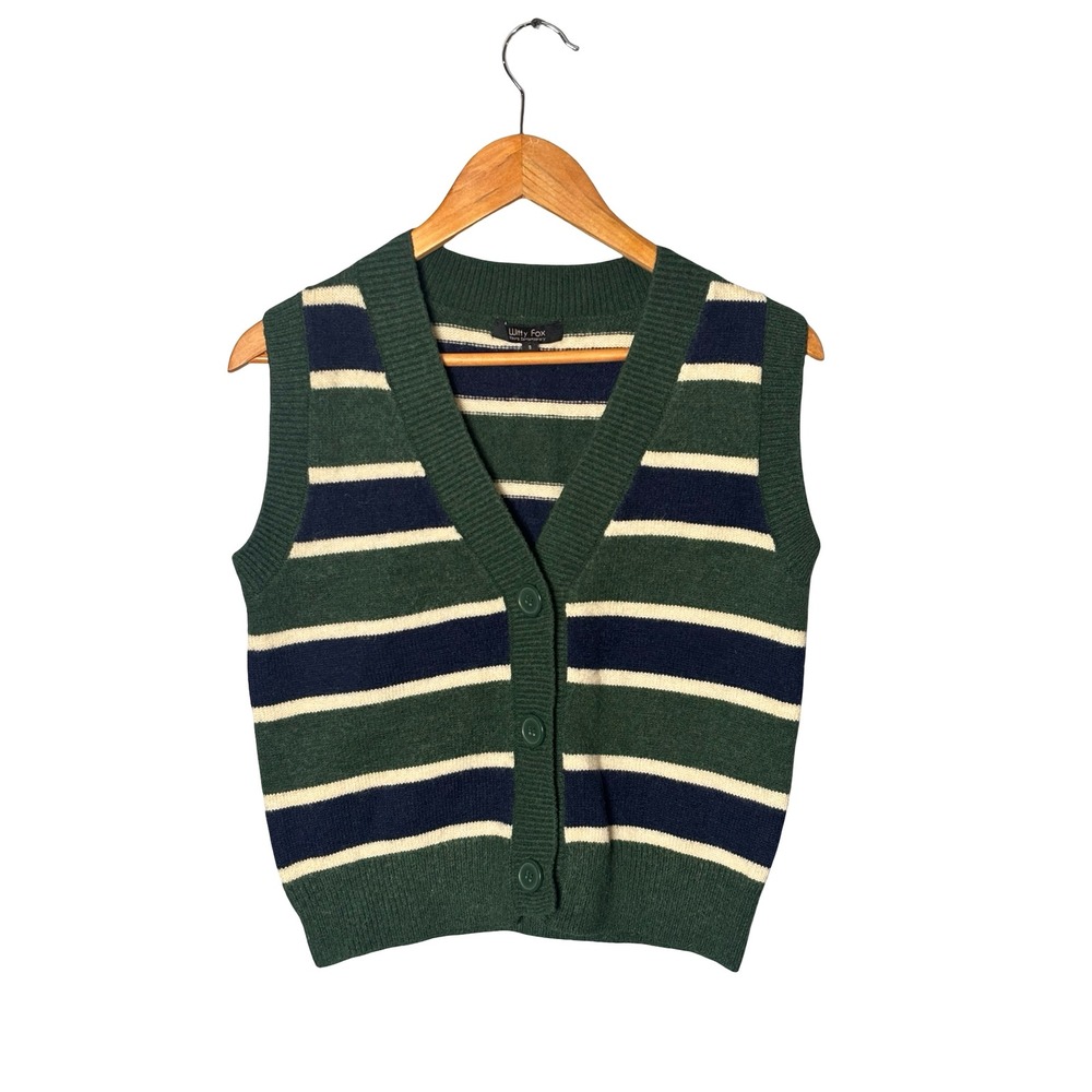 Witty Fox Green Striped Button Front Sweater‎ Vest Size S Preppy V-Neck Knit